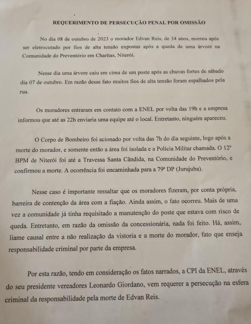 CPI da Enel quer que empresa seja responsabilizada criminalmente por morte de homem em Niterói