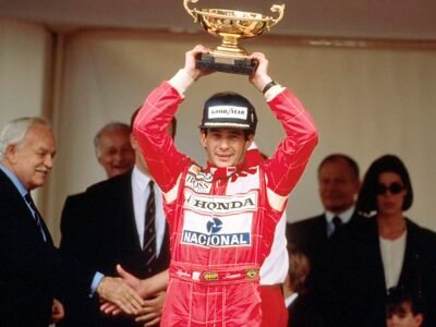 Ayrton Senna no Grande Prêmio de Mônaco de 1992, com o Príncipe Rainier e a Princesa Stephanie - Instituto Ayrton Senna