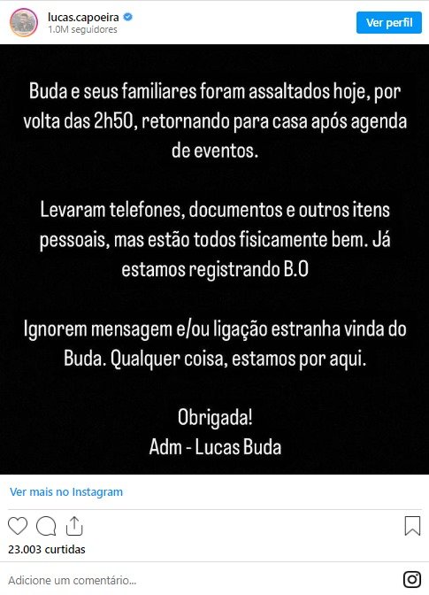 Ex-BBB Lucas Buda é assaltado no Rio