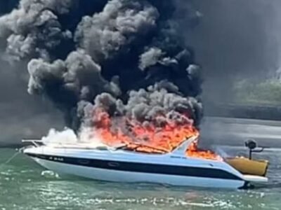 Lancha pega fogo após explosão no litoral do RJ; há feridos