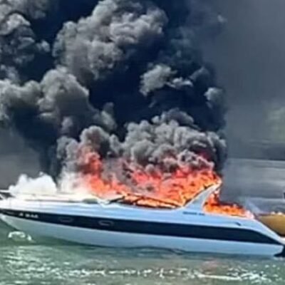 Lancha pega fogo após explosão no litoral do RJ; há feridos