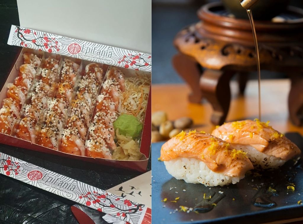 A esquerda um box de comida japonesa, para delivery. À direita, dois sushis de slmão grelhado, raspas de limão siciliano e azeite trufado A esquerda um box de comida japonesa, para delivery. À direita, dois sushis de slmão grelhado, raspas de limão siciliano e azeite trufado