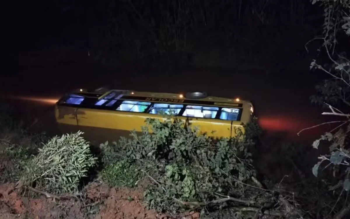 Micro-ônibus escolar cheio cai em rio de SC e deixa feridos