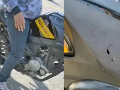 Bala perdida atinge moto durante aula prática - Vídeo