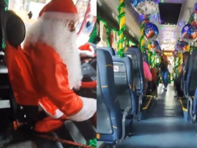 Ônibus decorado para o Natal viraliza nas redes sociais em Niterói, surpreendendo passageiros com fantasia de Papai Noel e Mamãe Noel.