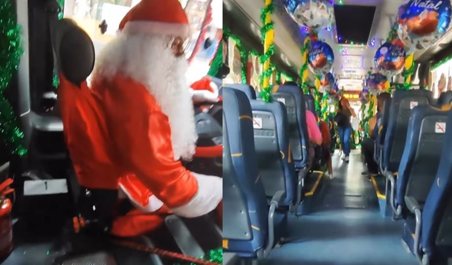 Ônibus decorado para o Natal viraliza nas redes sociais em Niterói, surpreendendo passageiros com fantasia de Papai Noel e Mamãe Noel.