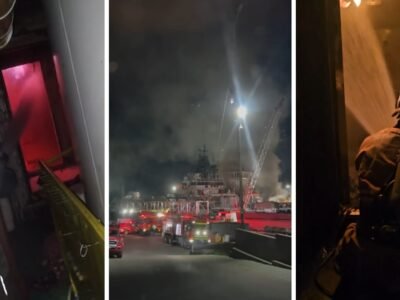 Bombeiros combatendo incêndio em estaleiro de Niterói veja imagens