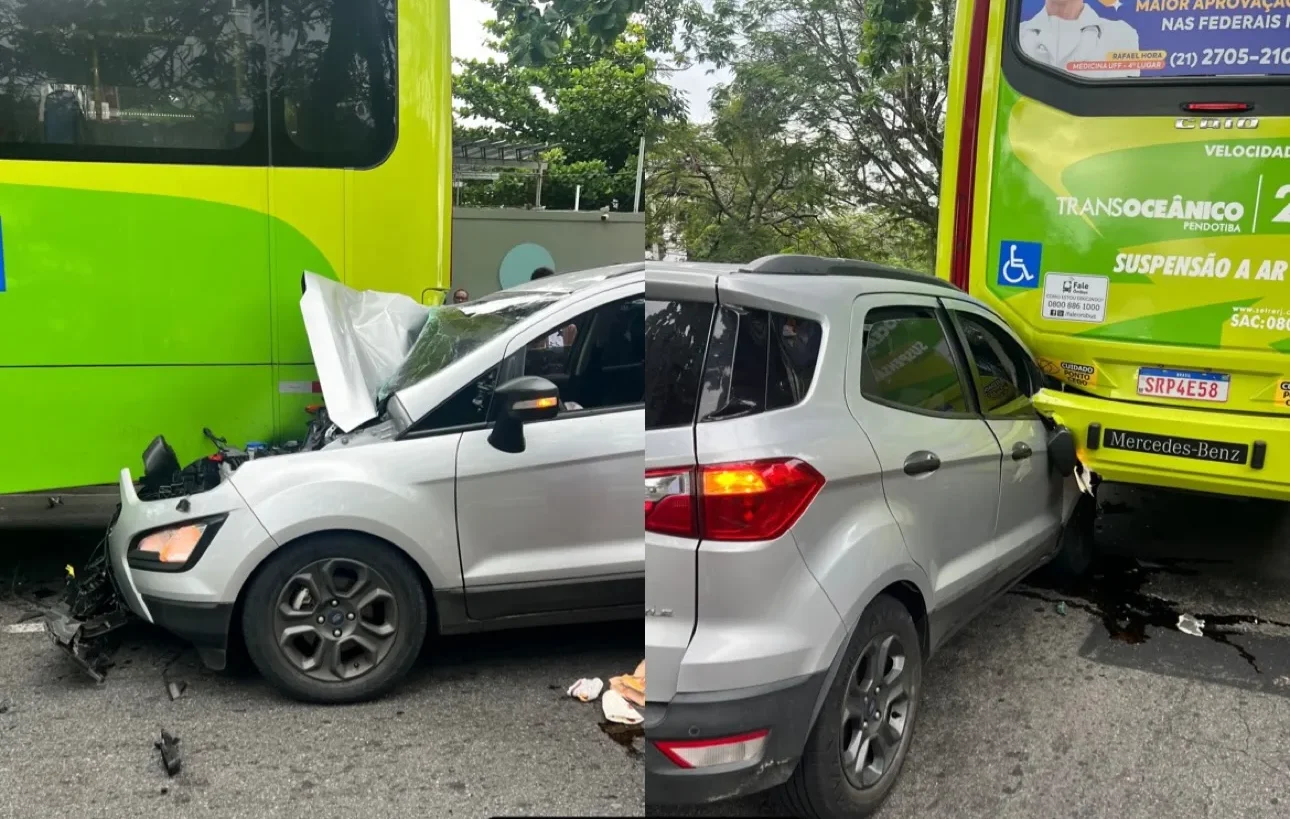 carro colide com ônibus parado em Niterói na Avenida Presidente Roosevelt