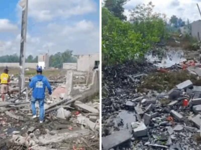 Homem ferido sendo resgatado após explosão em fábrica de inflamáveis no Espírito Santo