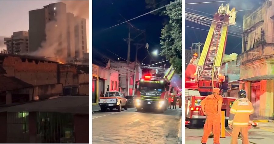 Vídeo mostra fogo à distância em incêndio num hotel abandonado, na Rua Visconde de Itaboraí, que "hospeda" população em situação de rua e dependentes químicos em Niterói, enquanto Bombeiros chegam para controlar as chamas