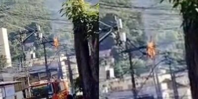 Foto do incêndio controlado em poste de energia elétrica próximo à Escola Municipal Maria José Mansur Barbosa, bairro Fonseca, Niterói