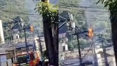 Foto do incêndio controlado em poste de energia elétrica próximo à Escola Municipal Maria José Mansur Barbosa, bairro Fonseca, Niterói