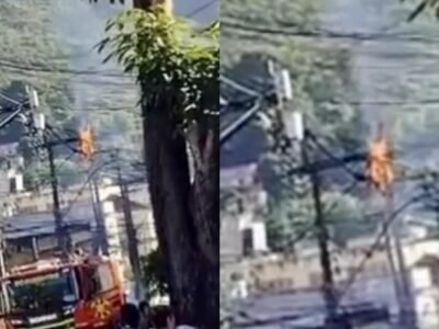 Foto do incêndio controlado em poste de energia elétrica próximo à Escola Municipal Maria José Mansur Barbosa, bairro Fonseca, Niterói