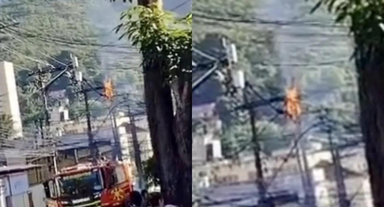 Foto do incêndio controlado em poste de energia elétrica próximo à Escola Municipal Maria José Mansur Barbosa, bairro Fonseca, Niterói
