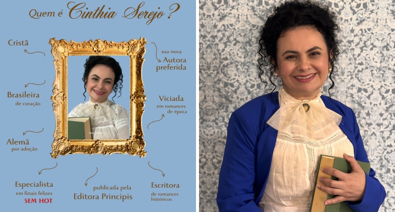 Foto da escritora Cinthia Serejo segurando um livro, com figurino de época e sorriso, ao lado de arte com informações sobre sua trajetória