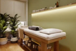 Sala de massagem do Sun In Studio Design com iluminação relaxante e ambiente zen