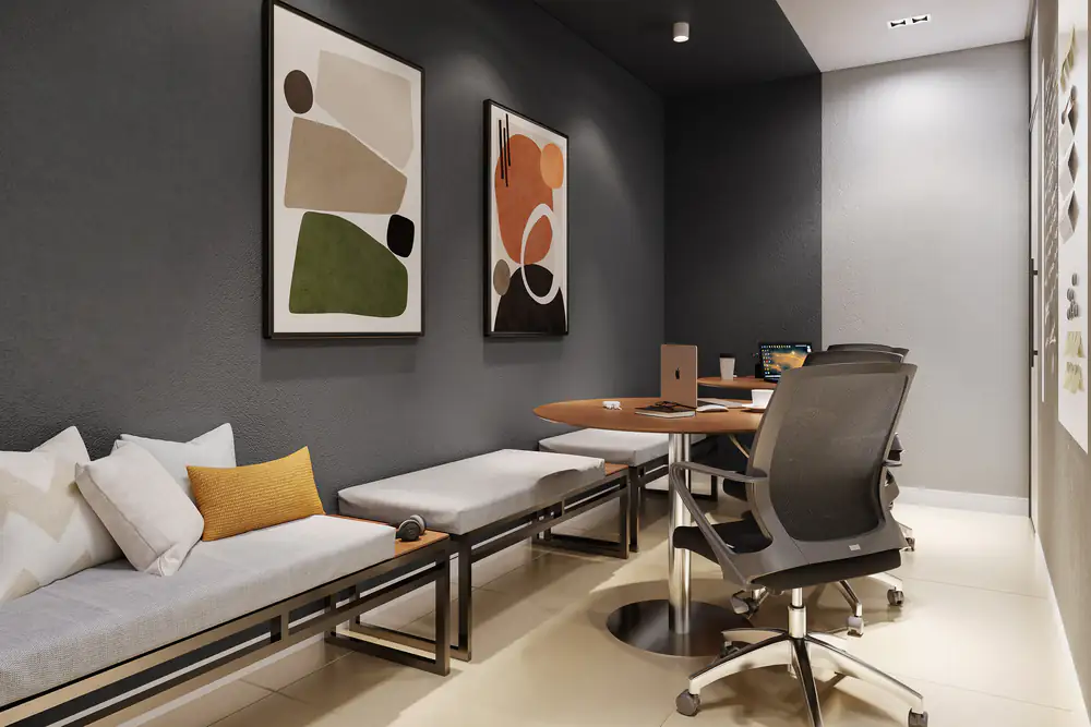 Espaço de coworking no Sun In Studio Design com ambiente colaborativo e mobiliário funcional