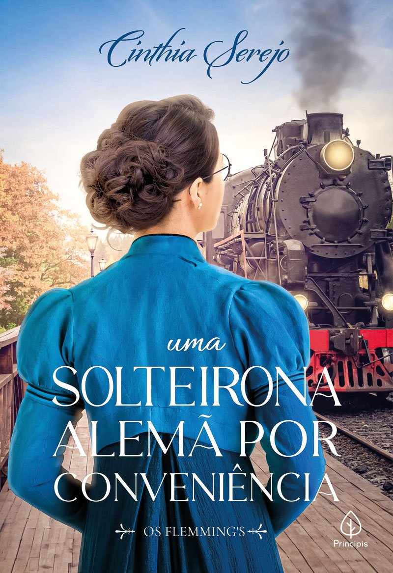 Capa do livro Uma Solteirona Alemã por Conveniência, com mulher de vestido azul de costas e trem a vapor se aproximando na estação.