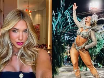 Virginia Fonseca e Paolla Oliveira juntas em evento da Acadêmicos do Grande Rio, simbolizando a troca da rainha de bateria