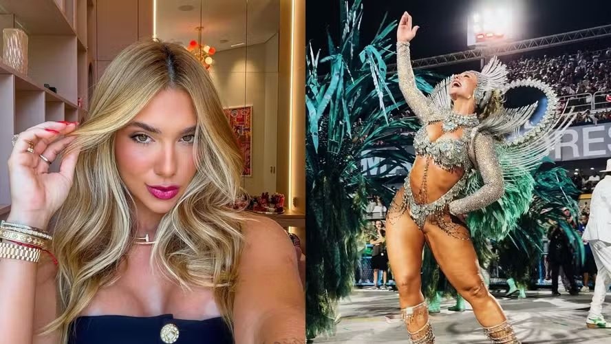 Virginia Fonseca e Paolla Oliveira juntas em evento da Acadêmicos do Grande Rio, simbolizando a troca da rainha de bateria