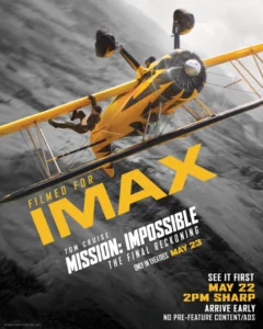 Cartaz do filme Missão: Impossível – Acerto de Contas com Tom Cruise pendurado em avião, destaque no Cinemark Niterói.