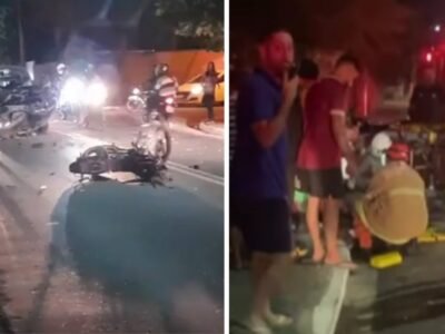 Acidente na Rua Romanda Gonçalves, na Região Oceânica de Niterói: Após colisão, motociclista voa de moto e fica preso em ferragens de carro