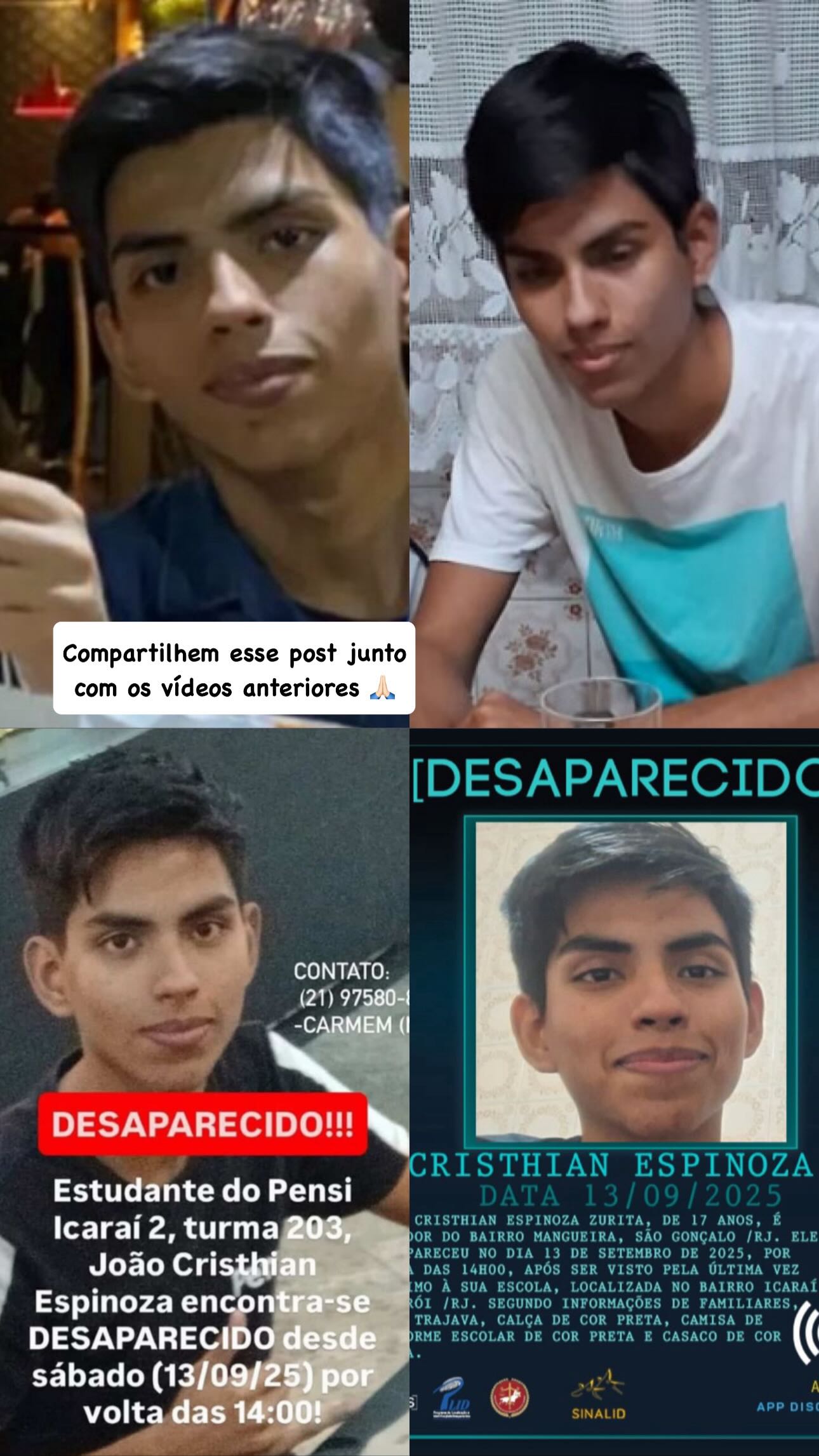 Mural de fotos de João Cristhian Espinoza Zurita divulgadas durante seu desaparecimento
