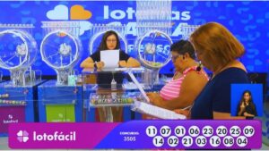 Ao final do sorteio, funcionária das Loterias da Caixa confere juntamente com as auditoras do público o resultado do concurso 3505 da Lotofácil, para confirmação das dezenas sorteadas | Reprodução/Youtube/Loterias Caixa Econômica Federal