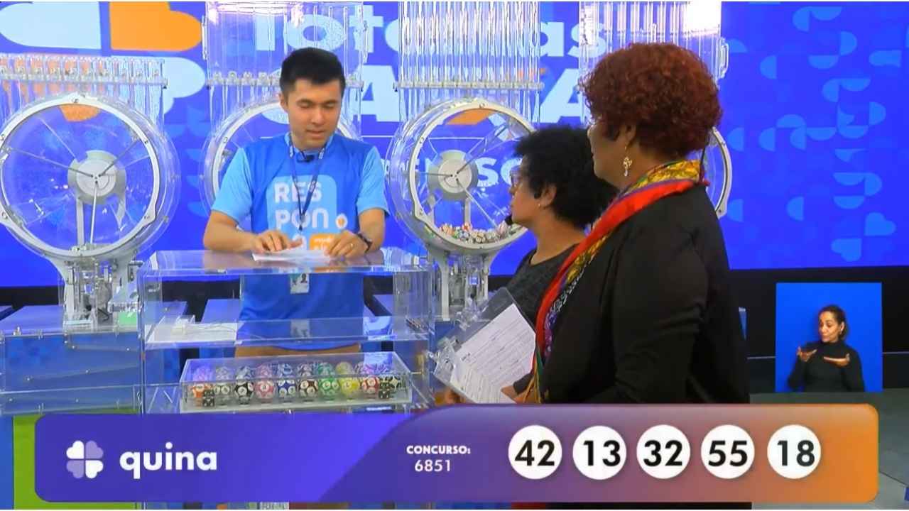 Auditoras do público, juntamente com funcionário da Loterias Caixa, realiza conferência do resultado, assinando a ata que valida do resultado do concurso 6851 da Quina | Reprodução/Youtube/Loterias Caixa
