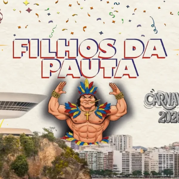  Arte do plano de trabalho do bloco Bloco Filhos da Pauta 2026, apresenta a identidade visual do Carnaval 2026, celebrando tradição, memória e o espírito niteroiense diante do MAC e da orla de Icaraí para celebrar a "Volta dos Onze Notáveis".