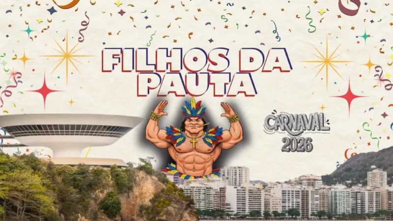  Arte do plano de trabalho do bloco Bloco Filhos da Pauta 2026, apresenta a identidade visual do Carnaval 2026, celebrando tradição, memória e o espírito niteroiense diante do MAC e da orla de Icaraí para celebrar a "Volta dos Onze Notáveis".