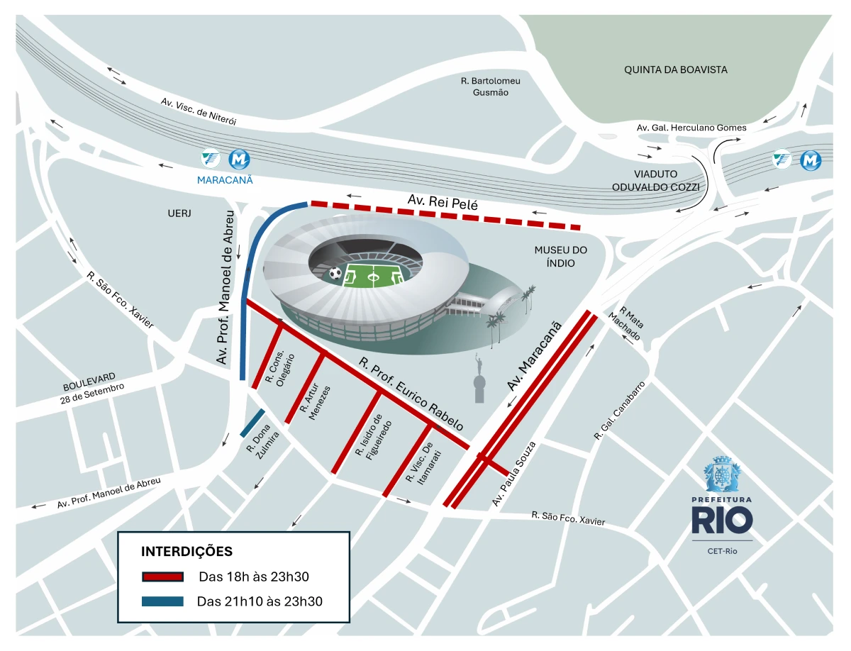 CET-Rio fará alterações no trânsito das ruas no entorno do Maracanã para o jogo Fluminense x Mirassol, no Rio de Janeiro.