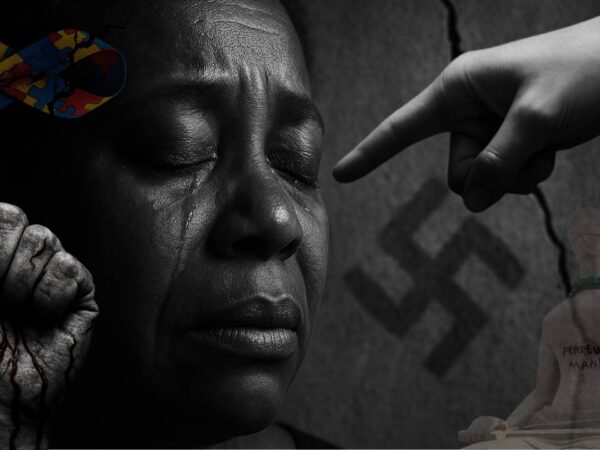 Imagem reflete todos os elementos narrados no artigo de autoria do Dr. Leonardo Alonso, "A Cor da Dor e a Urgência do Basta", que relata um caso de racismo e capacitismo em Niterói, assim como denuncia apologia ao nazismo | Criação: Enzo Carvalho/Folha do Leste