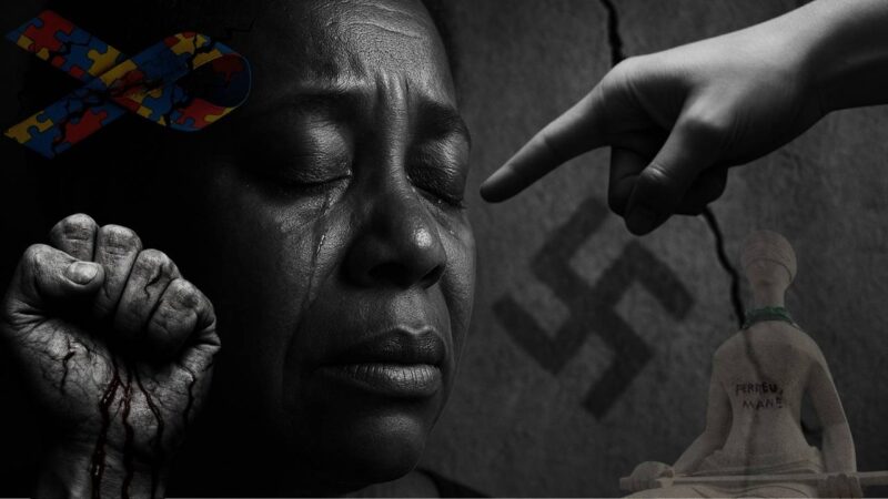 Imagem reflete todos os elementos narrados no artigo de autoria do Dr. Leonardo Alonso, "A Cor da Dor e a Urgência do Basta", que relata um caso de racismo e capacitismo em Niterói, assim como denuncia apologia ao nazismo | Criação: Enzo Carvalho/Folha do Leste