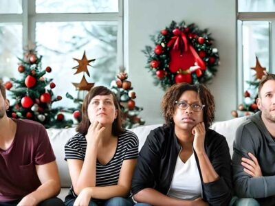 Grupo de pessoas com expressão de dúvida sobre se a véspera de Natal, 24 de dezembro, é feriado ou dia útil de trabalho.