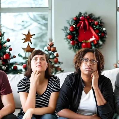 Grupo de pessoas com expressão de dúvida sobre se a véspera de Natal, 24 de dezembro, é feriado ou dia útil de trabalho.