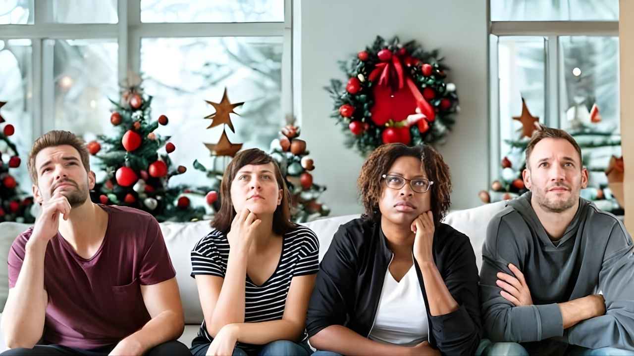 Grupo de pessoas com expressão de dúvida sobre se a véspera de Natal, 24 de dezembro, é feriado ou dia útil de trabalho.