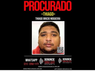 Disque Denúncia divulga cartaz pedindo às cidadãs e cidadãos informações sobre Thiago Bricio Nogueira, 39 anos suspeito do sequestro do jornaleiro Eduardo Aguiar, na Região Oceânica de Niterói.