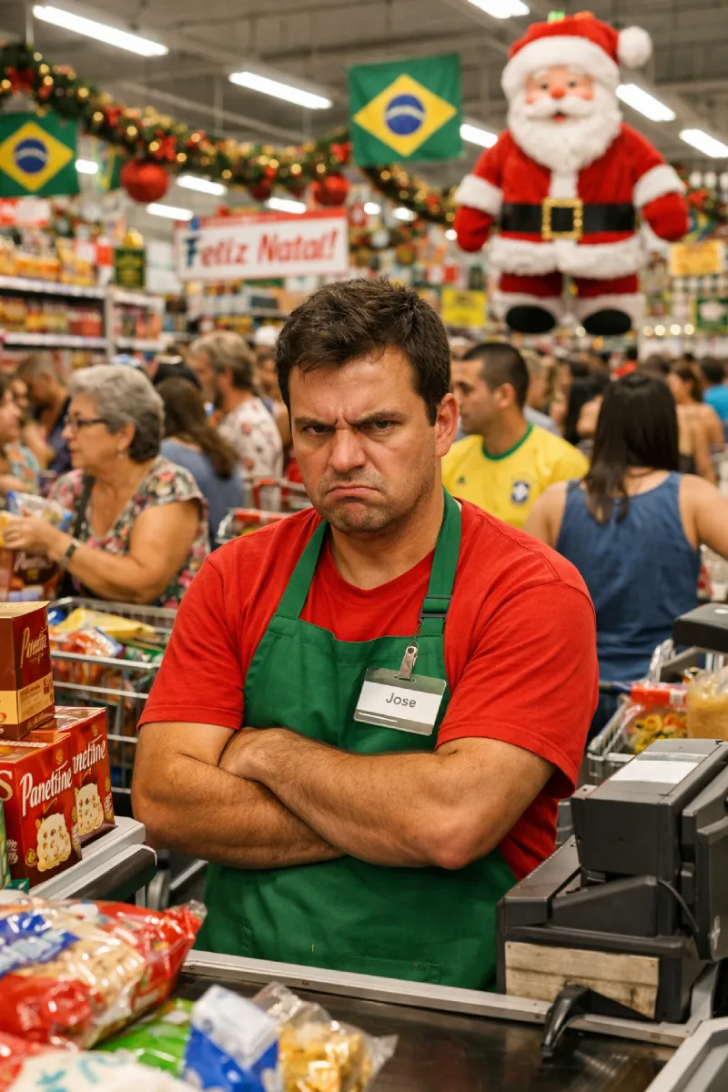 Atendente de supermercado com crachá "José" demonstra irritação e braços cruzados enquanto trabalha no dia 24 de dezembro, véspera de Natal.