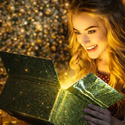 Mulher loira sorrindo ao abrir presente de luxo, ilustrando a movimentação financeira sobre quanto ganha uma baby sugar por ano.