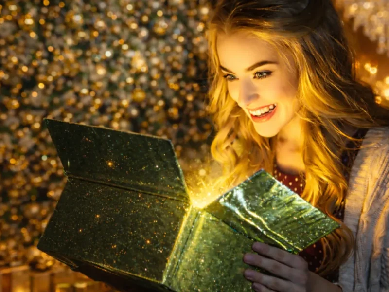 Mulher loira sorrindo ao abrir presente de luxo, ilustrando a movimentação financeira sobre quanto ganha uma baby sugar por ano.