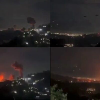 Série de quatro capturas de tela em grid (1200px) mostrando explosões em Caracas e a movimentação militar da Operação Southern Spear, em que EUA capturam Nicolás Maduro e Cilia Flores em Caracas