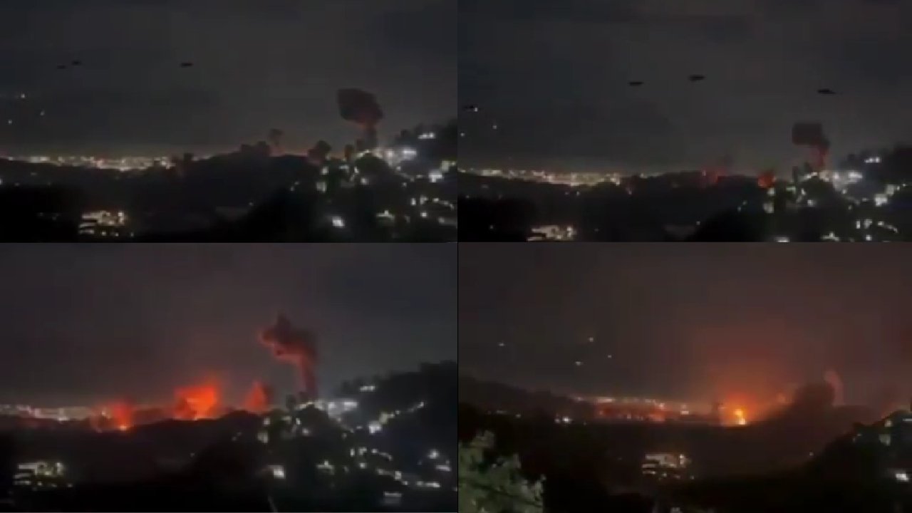 Série de quatro capturas de tela em grid (1200px) mostrando explosões em Caracas e a movimentação militar da Operação Southern Spear, em que EUA capturam Nicolás Maduro e Cilia Flores em Caracas