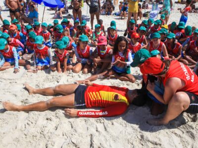 Guarda-vidas ensinam às crianças do Projeto Botinho a respeitar o mar através do significado das bandeiras, bem como enceram como se faz um resgate | Divulgação