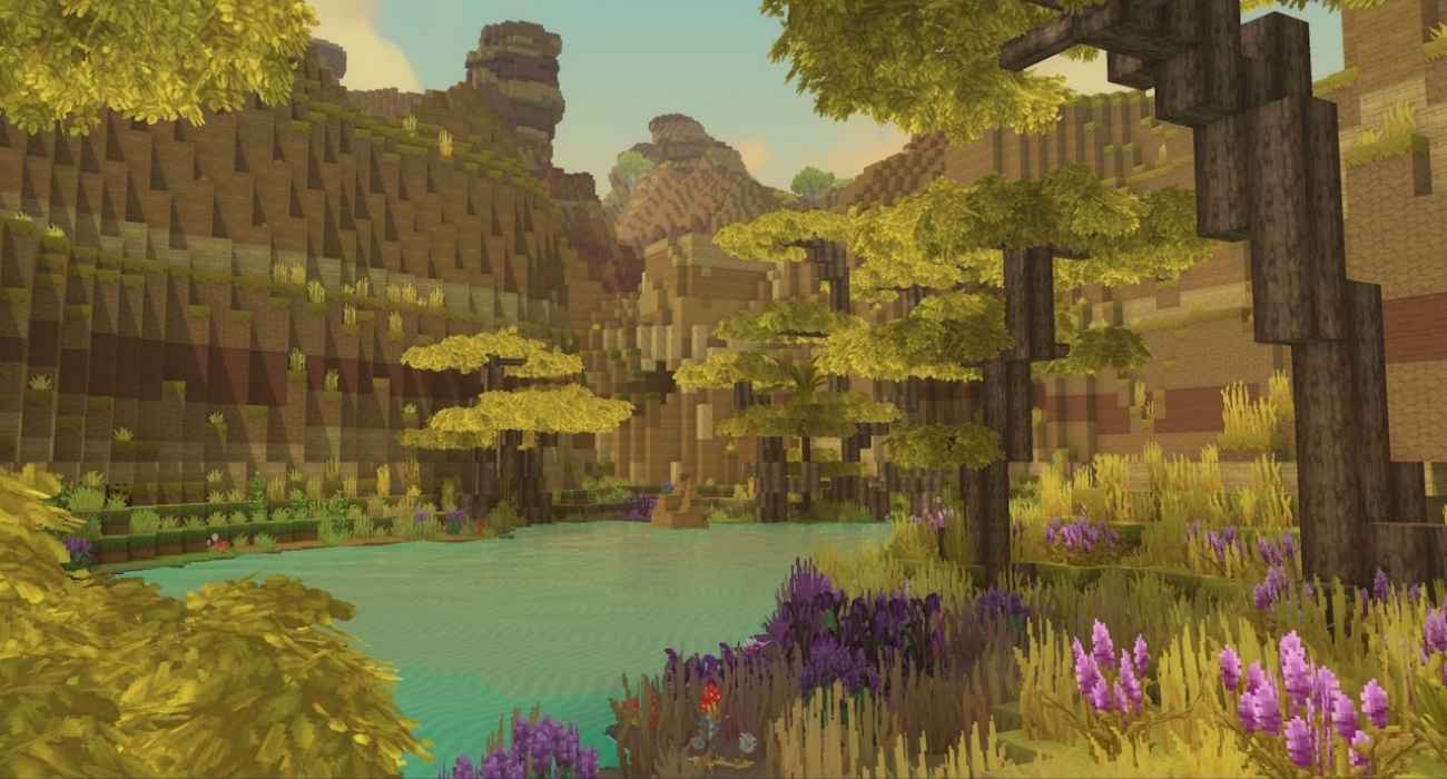 Hytale em Acesso Antecipado com um cenário de árvores, montanhas e um lago