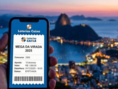 Mão em primeiro plano segurando um smartphone que exibe a tela de confirmação de aposta do aplicativo Loterias Caixa. Na tela, lê-se 'Mega da Virada 2025', 'Concurso 2955', com o detalhamento de 'Aposta: 10 dezenas' e o valor de 'R$ 1.260,00' com status 'Efetivada'. O fundo da imagem mostra uma vista panorâmica e desfocada do Pão de Açúcar, no Rio de Janeiro, durante o pôr do sol, banhando a cena com tons alaranjados e dourados.