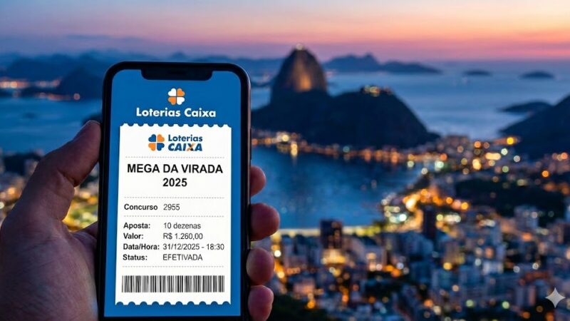 Mão em primeiro plano segurando um smartphone que exibe a tela de confirmação de aposta do aplicativo Loterias Caixa. Na tela, lê-se 'Mega da Virada 2025', 'Concurso 2955', com o detalhamento de 'Aposta: 10 dezenas' e o valor de 'R$ 1.260,00' com status 'Efetivada'. O fundo da imagem mostra uma vista panorâmica e desfocada do Pão de Açúcar, no Rio de Janeiro, durante o pôr do sol, banhando a cena com tons alaranjados e dourados.