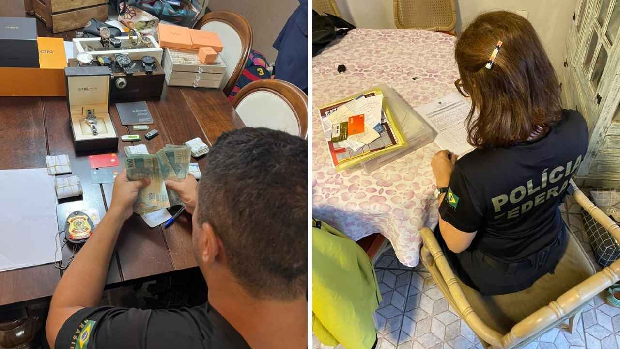 Montagem mostrando agente da PF contando maços de notas de 100 reais e outra agente analisando documentos sobre uma mesa.