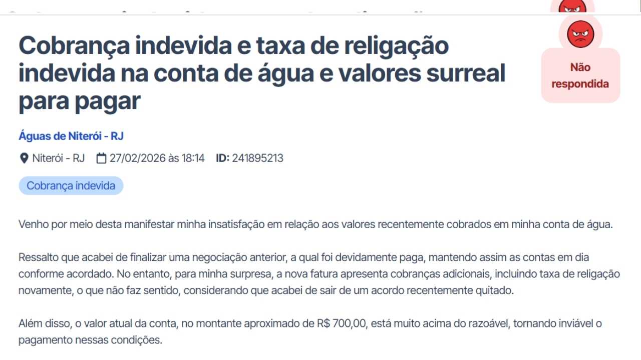 Cobrança-indevida-para-religar-água(Reprodução-Reclame-Aqui)