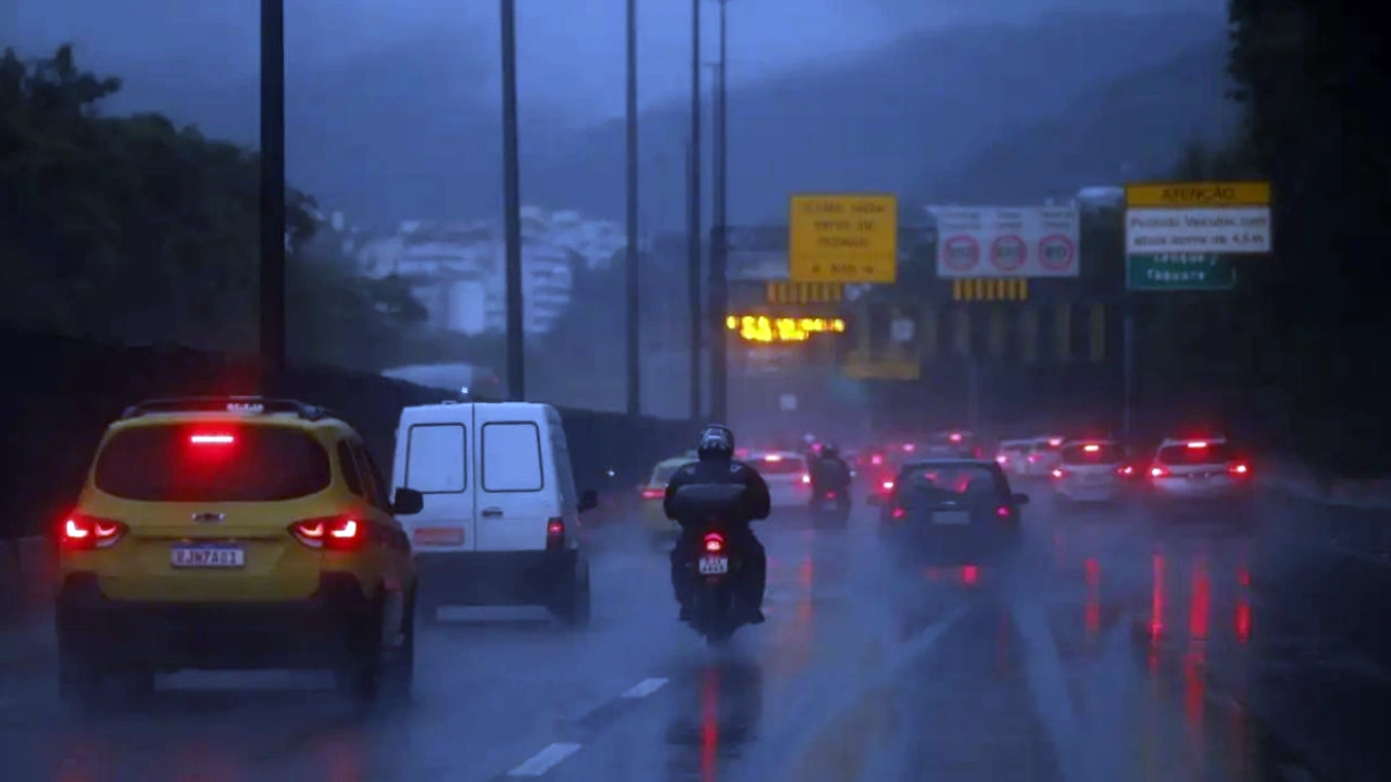 Nuvens carregadas e chuva forte no céu do Rio de Janeiro